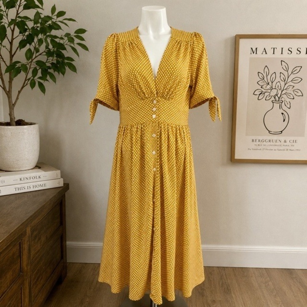 Spencer & Shaw Mustard Polka Dot Midi Dress Small V-Neck Tie Sleeve Button Front